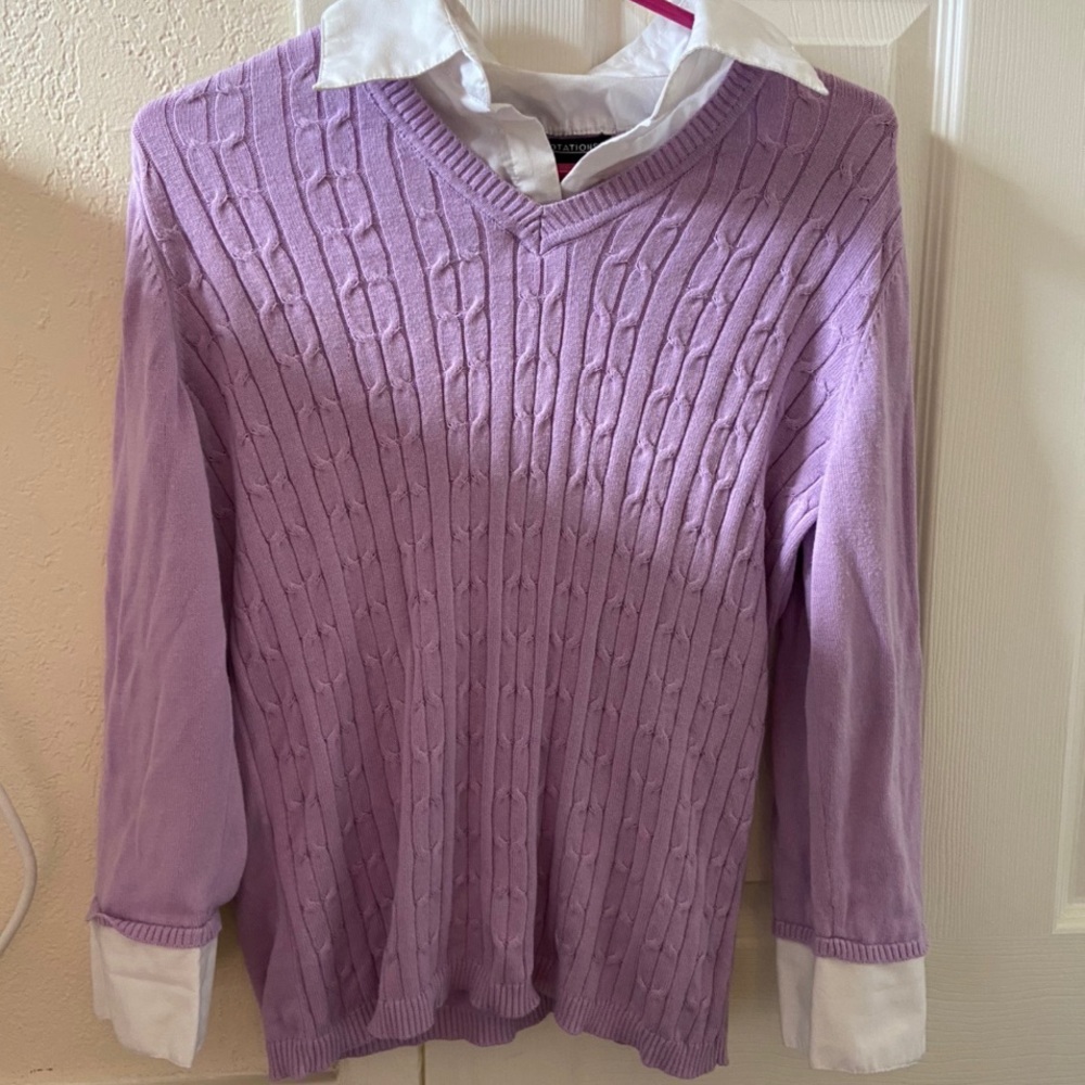 purple sweater with white collared shirt attached
